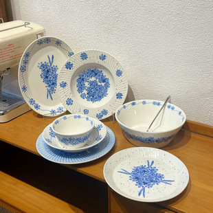 Blue Snowflake Elegant Bowl and Plate Breakfast Plate Home New Style Ceramic Rice Bowl Sweet Plate Bucket Bowl Tableware with Style