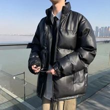 韩国ins港味复古百搭宽松立领棉衣外套男 pu皮加厚棉服情侣面包服