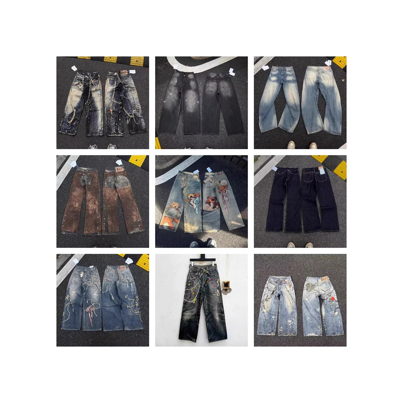 2026 Trendy Brand a C Hand-Painted Splash Ink Ripped Print Graffiti Ripple Loose Wide-Leg Jeans Unisex Collection
