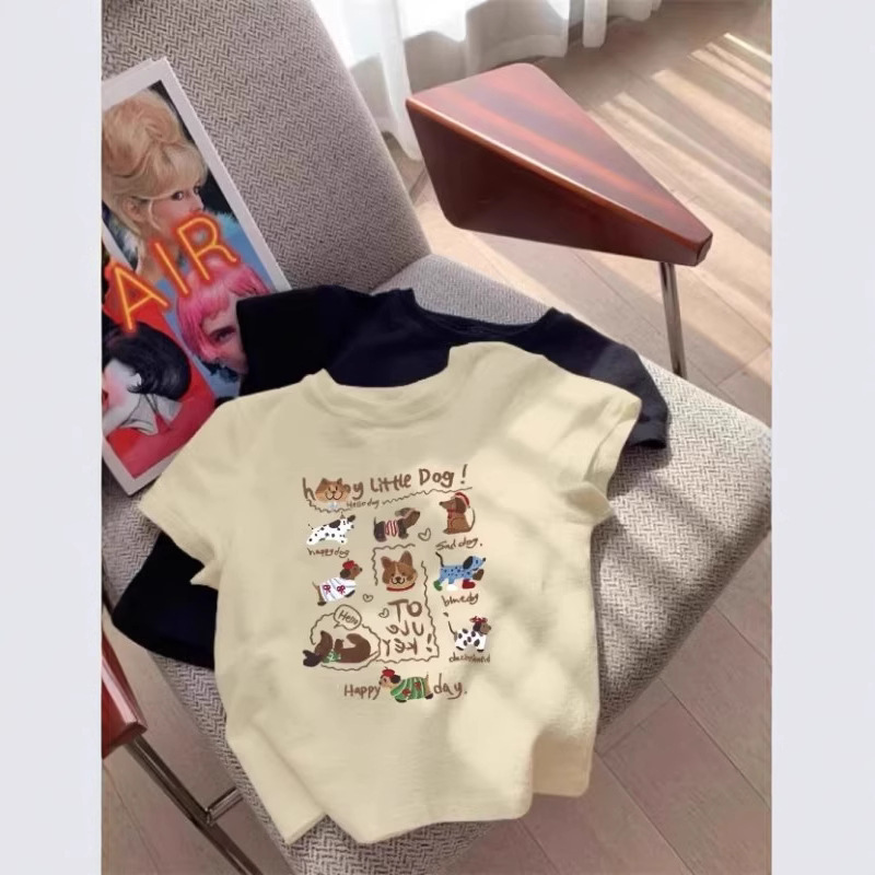 ネイビーブルーの純綿半袖Tシャツ女性用2025インターネットセレブ人気アメリカンプリントトップス右肩ラウンドネックホットガールシャツ|undefined