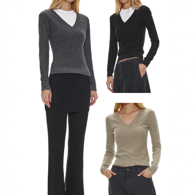 In stock: Multi-colored, solid-color V-neck, slim-fit, figure-hugging knit sweater, a versatile and stylish top for everyday wear In stock: Multi-colored, solid-color V-neck, slim-fit, figure-hugging knit sweater, a versatile and stylish top for everyday wear