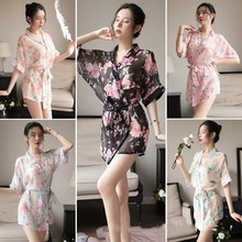 情趣内衣性感开襟蝴蝶结绑带时尚印花雪纺睡袍煽情和服套装 代发
