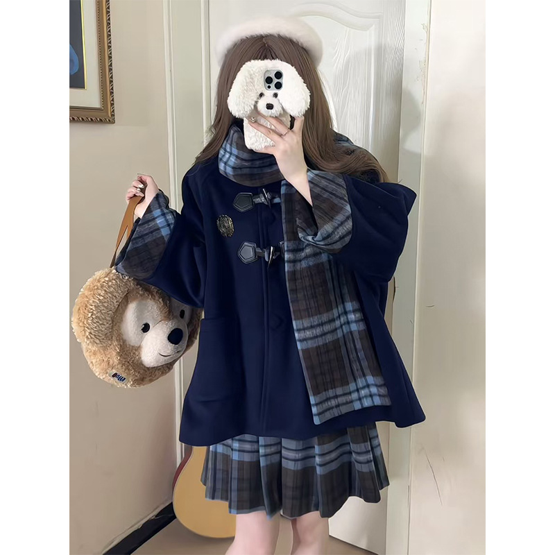 College Style Jk Uniform Suit for Women in Autumn and Winter, Small Horn Button Woolen Jacket + Plaid Pleated Skirt Two-Piece Set