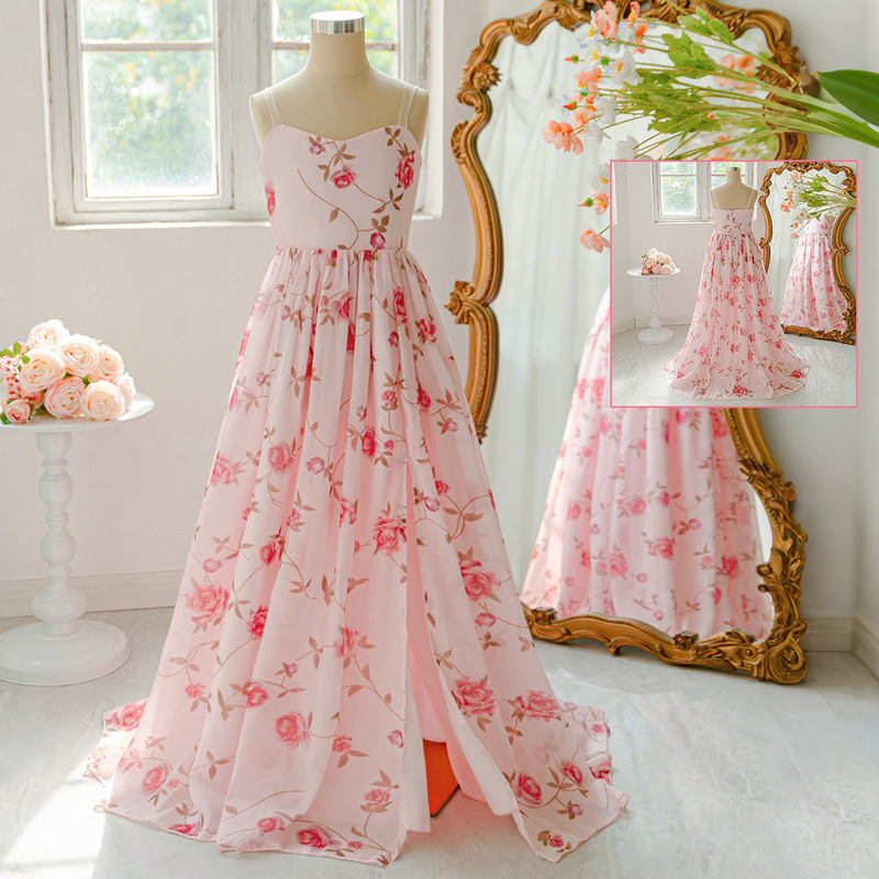 European and American Amazon Suspender Beach Print Dress Floral Mid-Length Skirt Party Dress Slit Prom Princess Dress