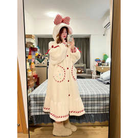 甜美少女连帽睡袍珊瑚绒睡衣女冬季新款加绒加厚家居服睡裙可外穿