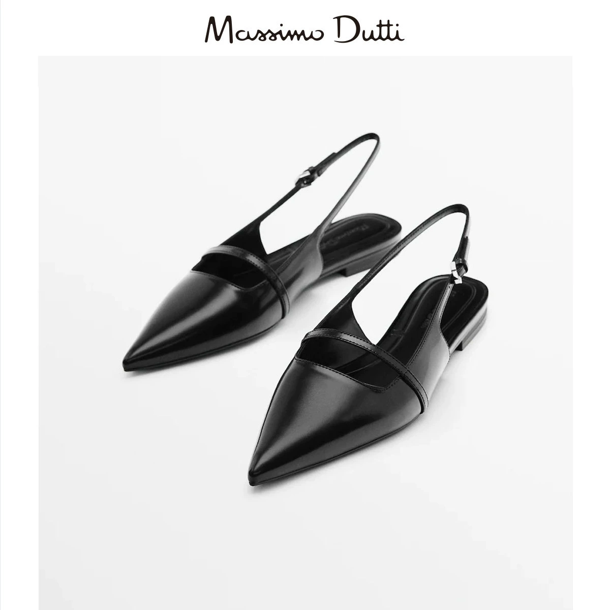 Sandals Massimo Dutti, genuine leather black, summer slingback flat