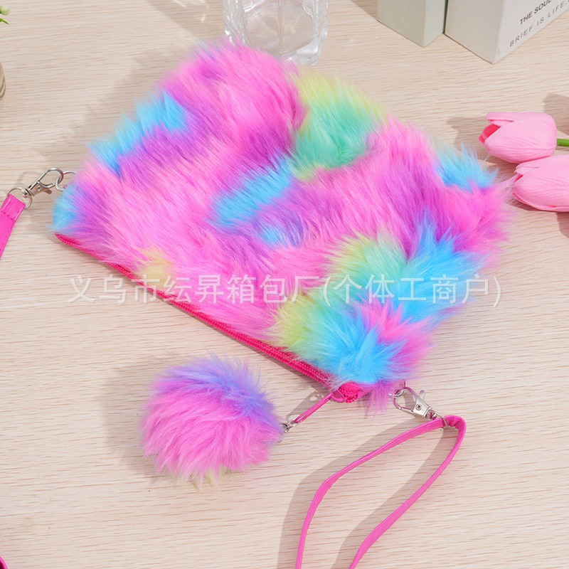 跨境彩虹毛绒斜挎包儿童单肩包小女孩零钱包手机包铅笔包马卡龙