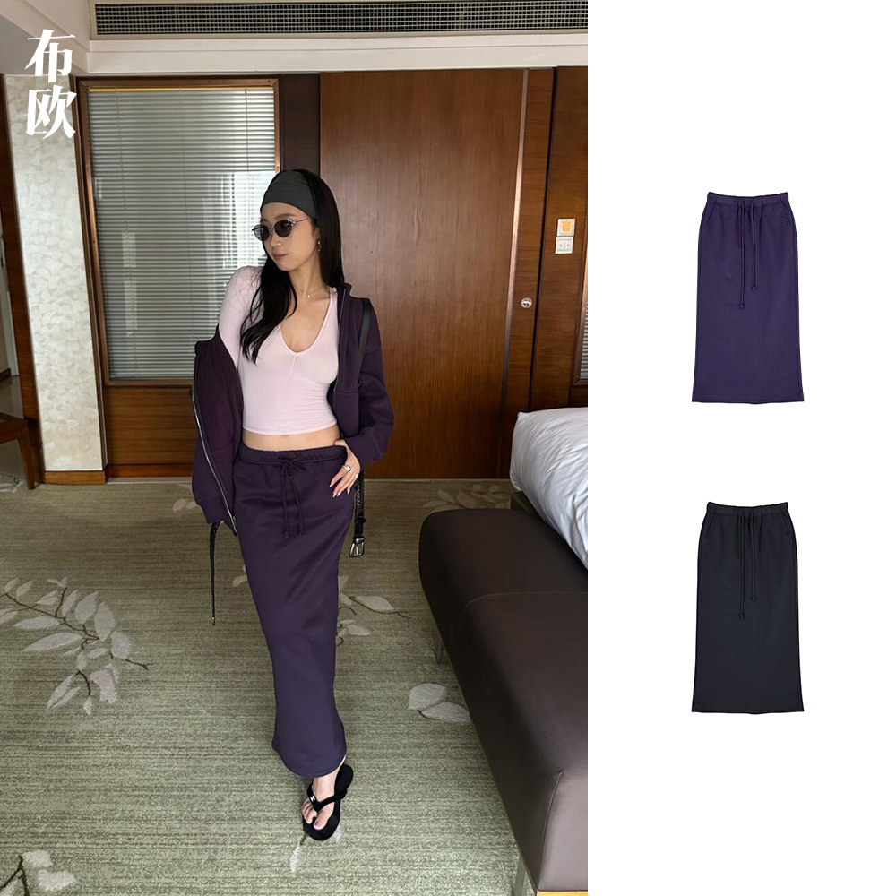 RA新品“散步系列”小鱼尾松紧腰加绒卫裙优雅简约纯色休闲中长裙