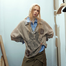 美式复古小熊假两件格子拼接长袖上衣春秋男款宽松休闲深V领T恤潮