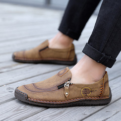 2024 Summer New Men's Casual Leather Shoes Fashion Zipper Slip-On Bean Shoes Foreign Large Size Handmade Men's Shoes