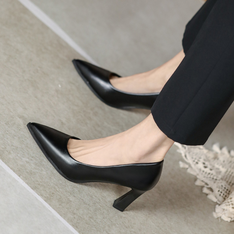 Comfortable super soft not tired feet interview High Heels women's single shoes shallow mouth pointed toe shoes thick heel nude women's shoes black single shoes