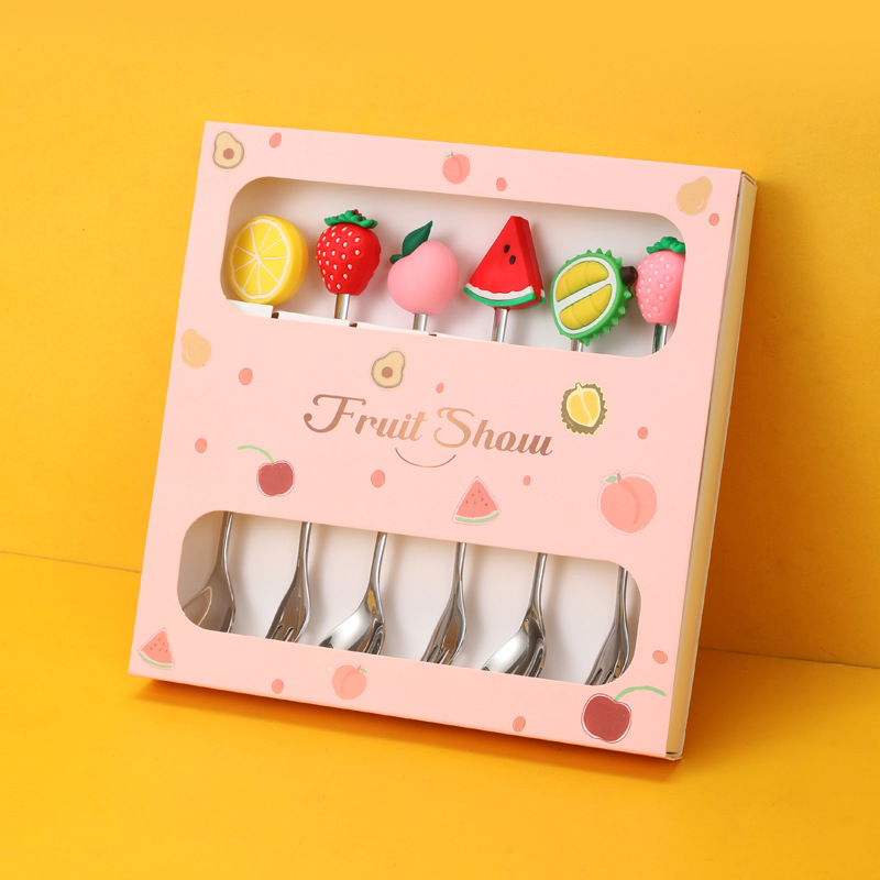 跨境不锈钢勺子叉子卡通西瓜草莓勺叉套装甜品勺咖啡搅拌勺水果叉