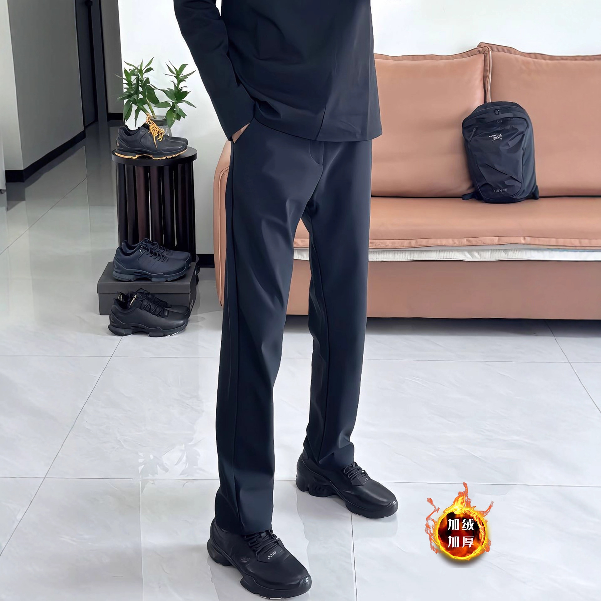 Black American Soft Shell Plus Velvet Jacket Men's Autumn and Winter Windproof and Waterproof Sports Pants Slim Outdoor Hiking Pants