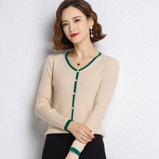 2022春秋新款V领针织衫女显瘦气质拼色打底衫韩版长袖短款毛衣潮