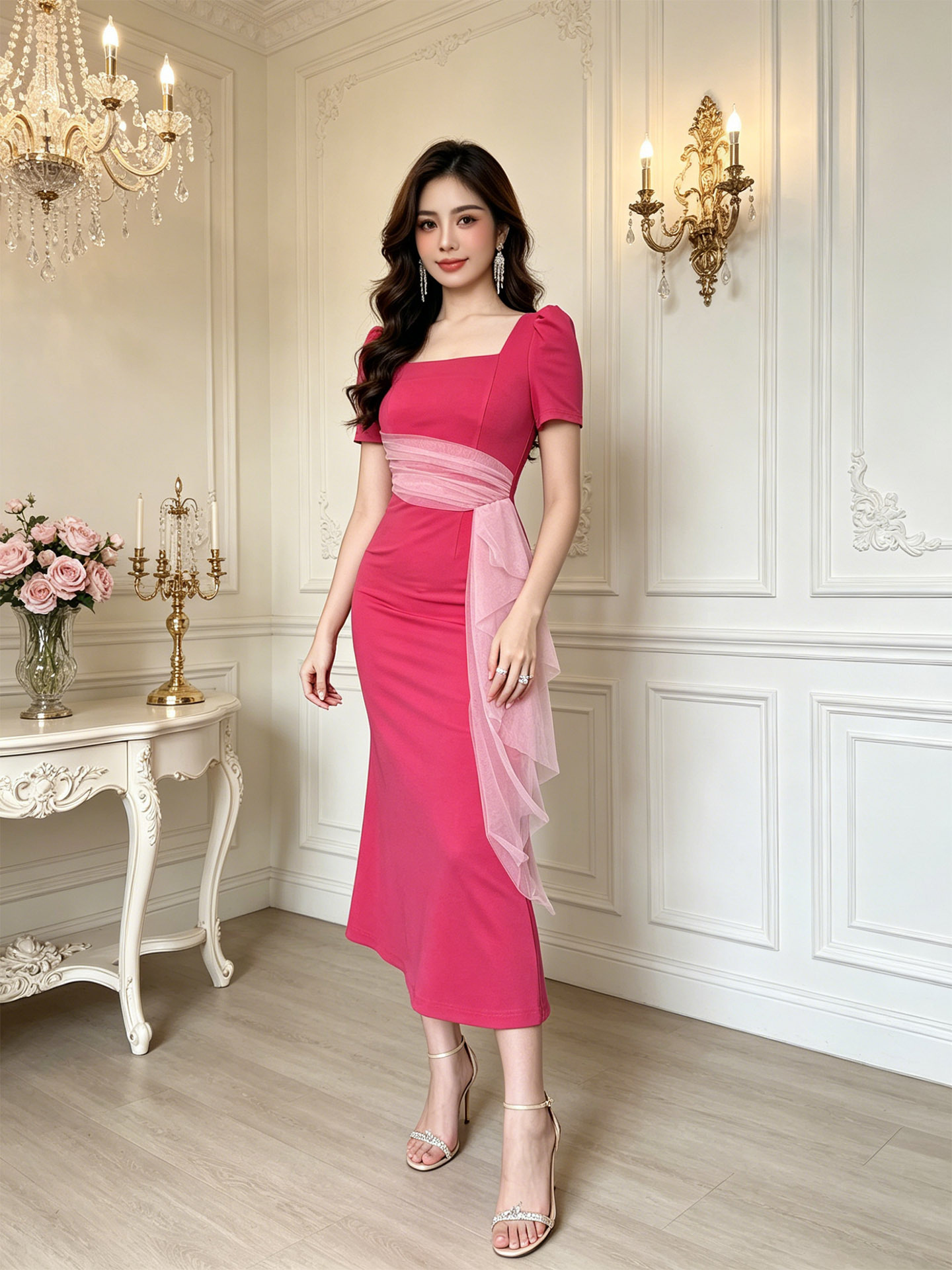 Váy suông nữ cổ vuông phối lưới voan tay ngắn thanh lịch — màu hồng đậm
