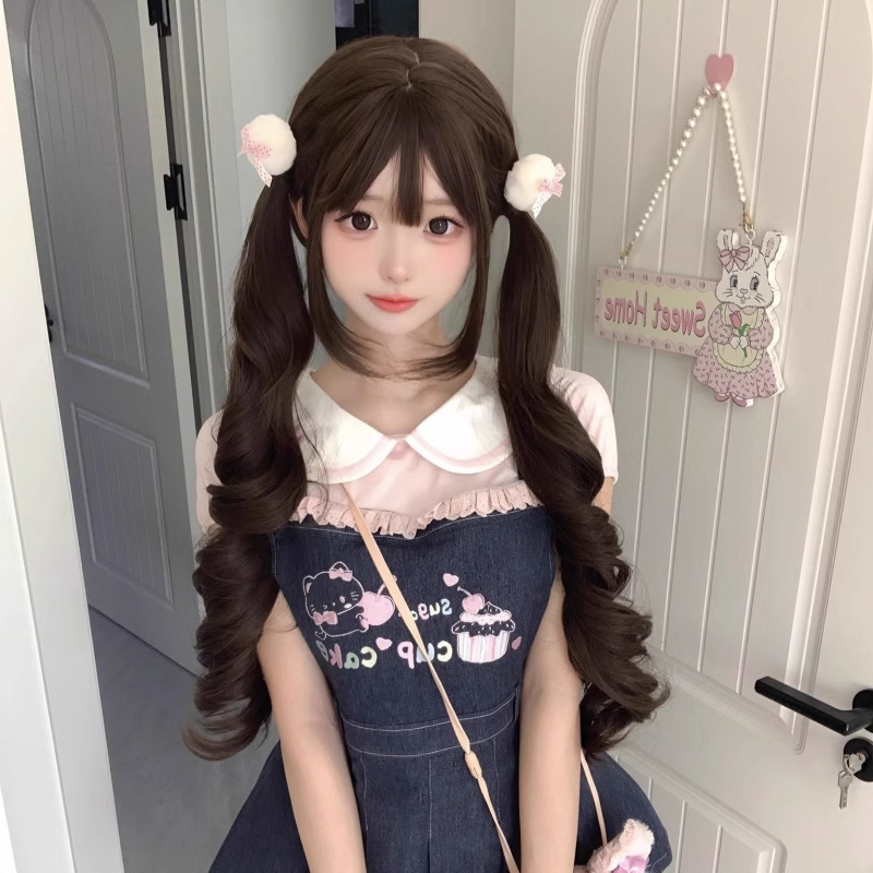 Wig Women's 85cm Bangs Long Curly Hair Little Rose Natural Lolita Double Pone Tail Real Person Simulation Curly Hair Full Headset