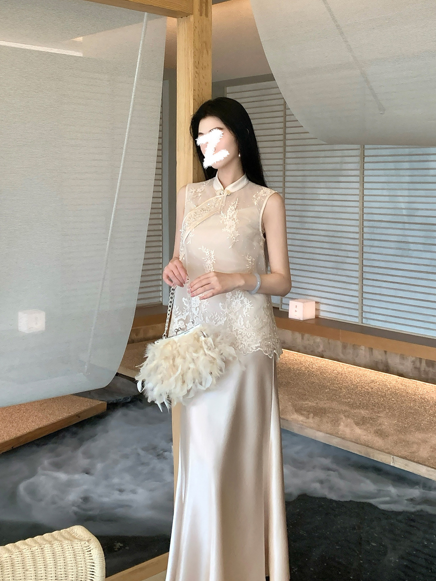 Áo vest gile nữ không tay phong cách Trung Hoa mới, thiết kế thêu ren lưới cao cấp — màu trắng ngà chi tiết 3