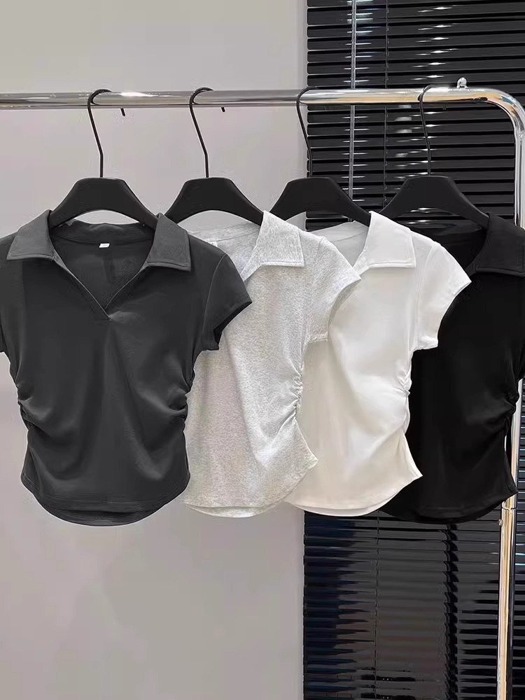 Women's Clothing Slim Fit Polo Collar Top Short Sleeve Ruched V Neck Grey T-Shirt Stylish Fitted Hot Girl Look Summer_voghion.com