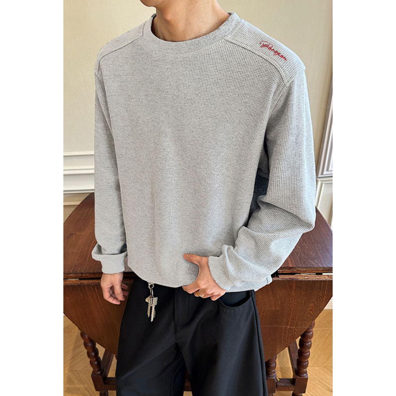 American-style Waffle Long-sleeve T-shirt For Men, Spring Honeycomb Red Label Embroidered Sweatshirt, Trendy Brand,_voghion.com