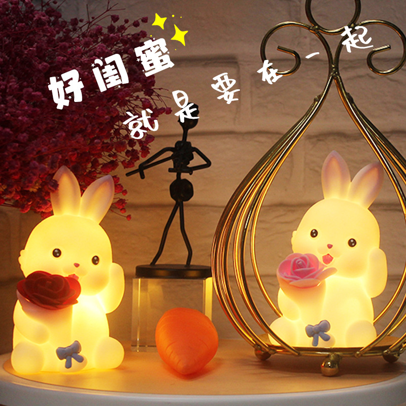 Cute Little Night Light, Small Flower Rabbit Girl Bedside Desk Decor Lamp, Female Student Atmosphere Lamp, Birthday Gift