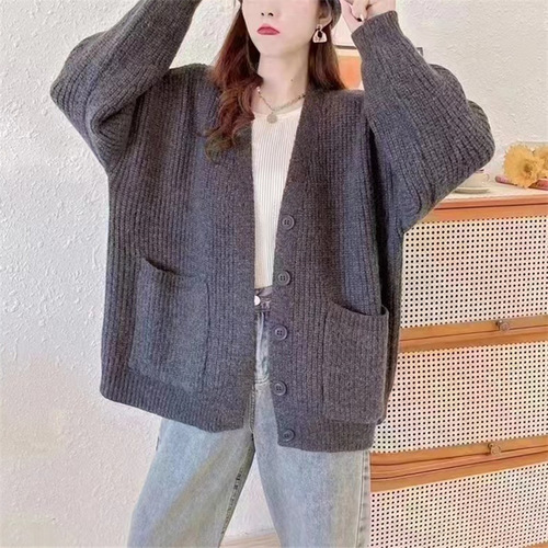 Women's Loose V-neck Soft and Gentle Cream Blue Knit Cardigan Outerwear - New Early Autumn Korean Laid-back Style