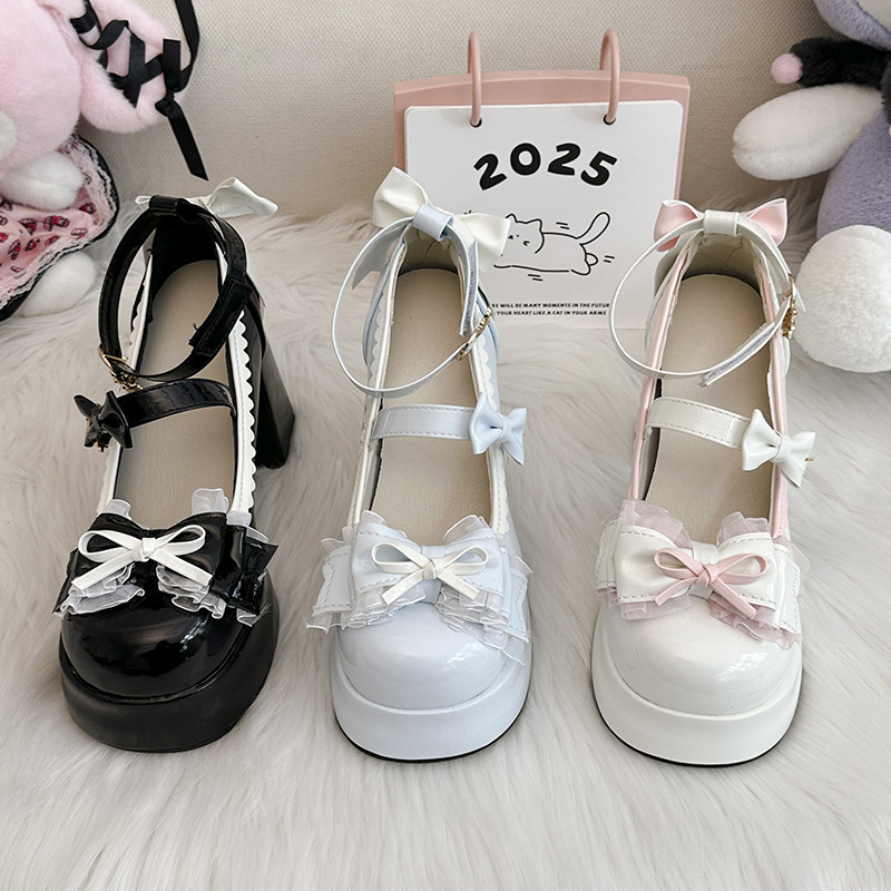 High-Heeled Waterproof Platform Women's Shoes, Mary Jane Shoes, Princess Shoes, Lolita Shoes, Bow-Knot High-Heeled Shoes, Chunky Heel Single Shoes, Small Leather Shoes