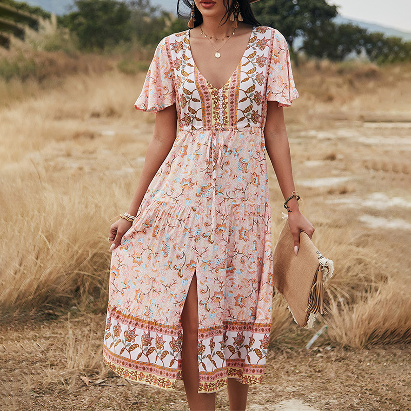 V-neck temperament waist holiday style dress NSKA39131