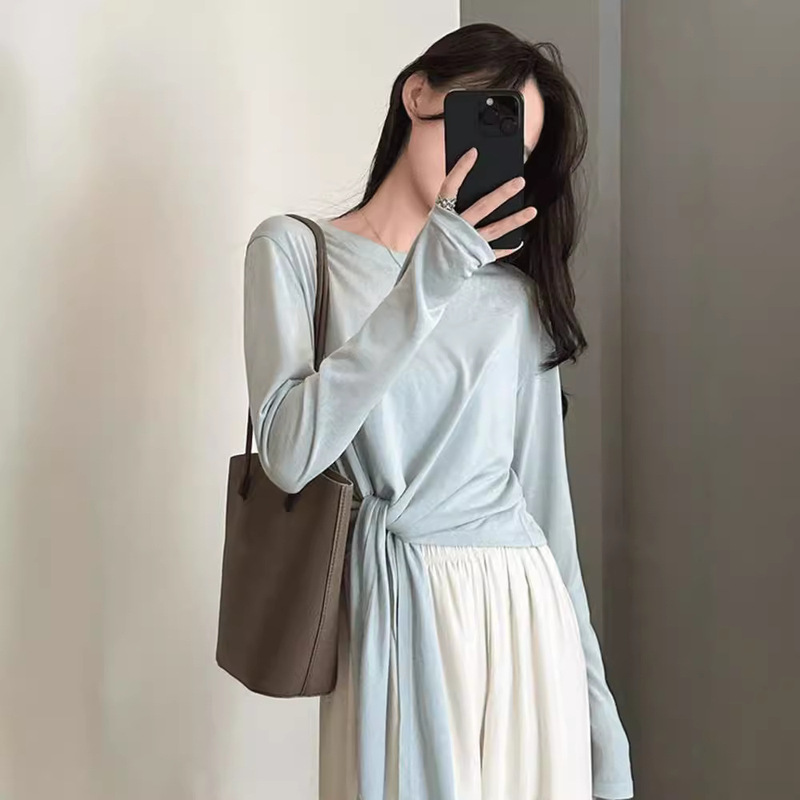 Plus-Size Bowknot Thin Ice Silk Sun Protection Blouse for Women, Summer 2026 New Style, Loose Slimming Long-Sleeve Top for Women