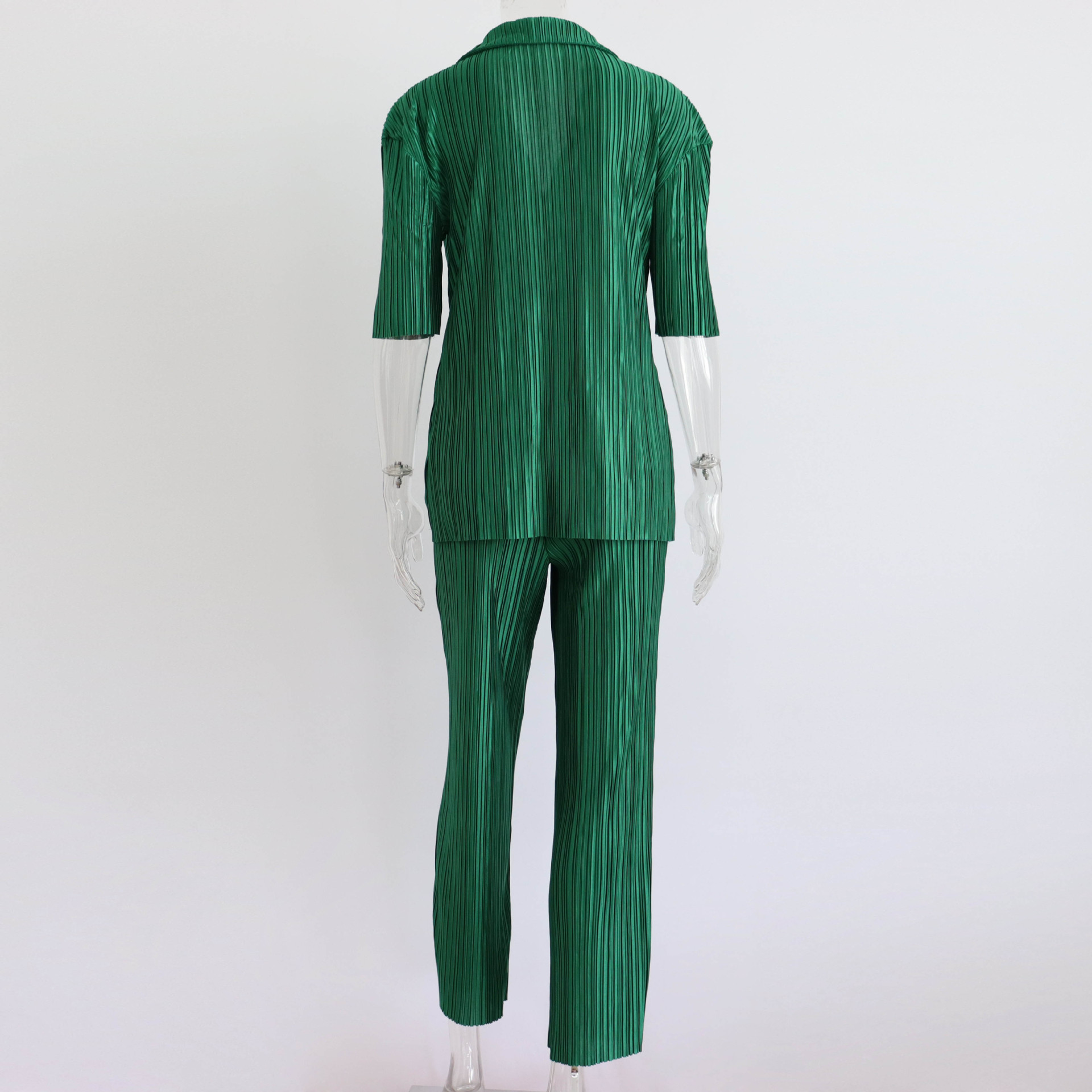 Summer Short Sleeve Loose Pleated Straight Leg Pants Two-Piece Set Sexy Complex Set Collar Sexy Set
