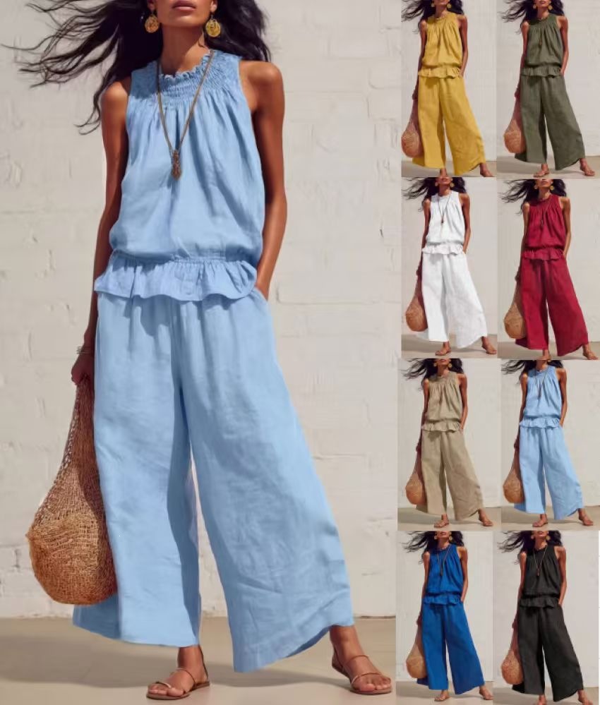 Women's Clothing American Style Women's Ruffled Cotton Linen Two Piece Set Retro Bohemian Spring Summer New Arrivals_ecoleips.com