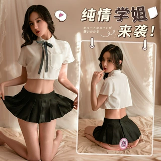 灌云小清新学生大码制服诱惑分体套装性感分体镂空百褶短裙女主播