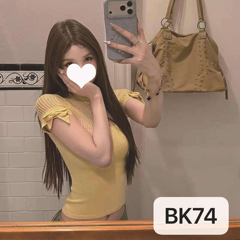 Bow-Knot Style Hollow-Out Round Neck Solid Color Short-Sleeve T-Shirt Knit Top, New Summer Fashion Versatile Stylish Top