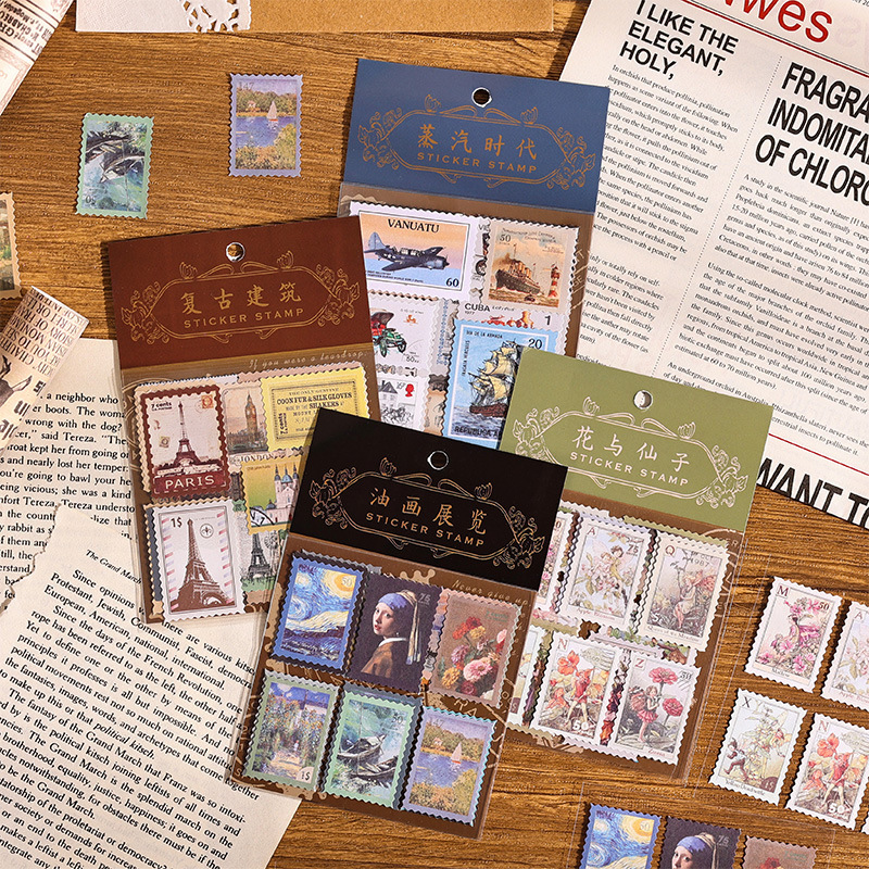 Ins Cross-Time Post Office Vintage Art Stamp Pegatinas Material decorativo Cuenta a mano bricolaje Sello Collage Autoadhesivo