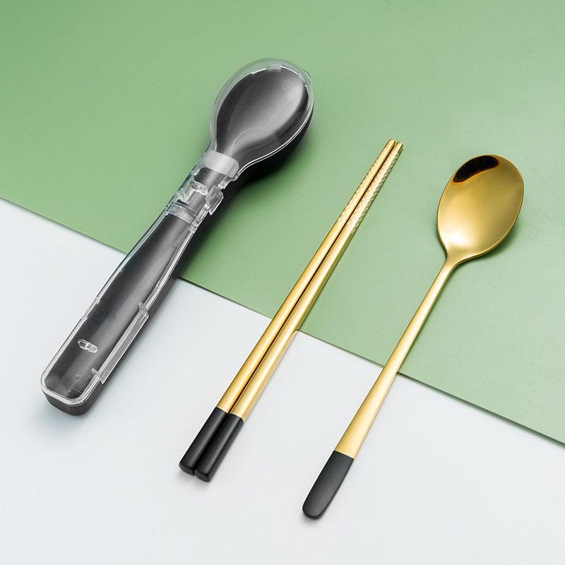 304 vajilla de acero inoxidable conjunto de tres piezas tenedor cuchara palillos estudiante trabajador de oficina de viaje vajilla Flip caja