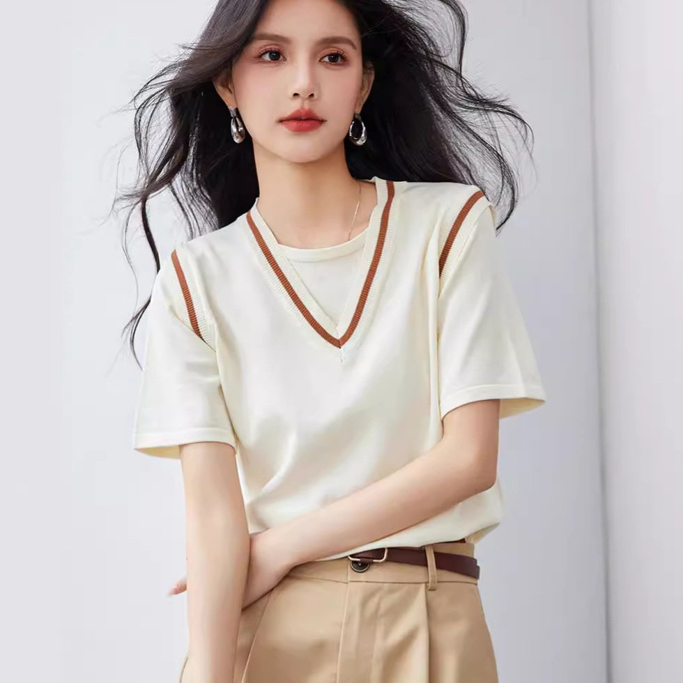 G9231假两件V领短袖冰丝针织衫女夏季学生女小个子上衣小众设计感