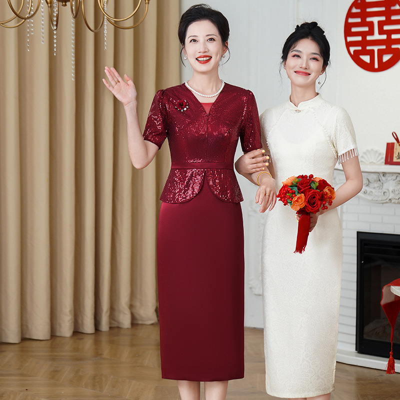 喜婆婆婚宴装新款夏装喜妈妈婚宴礼服年轻改良款旗袍假二件连衣裙|undefined