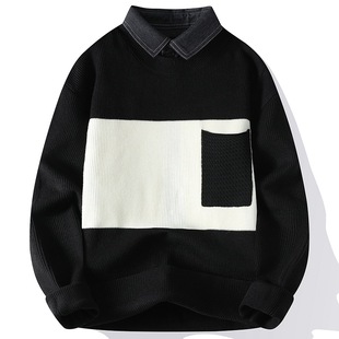 Fake Two-piece Sweater Men's Winter fleece-lined Thickened Trendy Brand Shirt Collar Knitted Shirt Men's Spring and Autumn Base Shirt Sweater Coat
