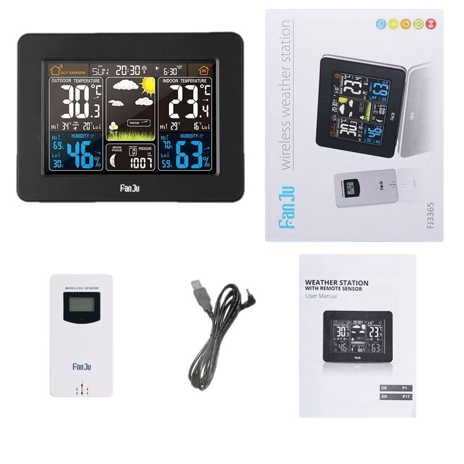 Reloj despertador digital multifuncional con pantalla a color, pronóstico del tiempo, estación meteorológica, reloj negro controlado por radio, reloj meteorológico inalámbrico RF