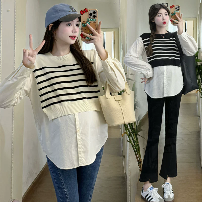 Одежда для беременных весенняя одежда поддельные две сшитые полоски с длинными рукавами рубашка весна беременность повседневная топ сетка красная детская рубашка весна