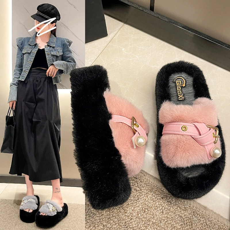 Модные жемчужные меховые тапочки женские осень и зима 2024 новый стиль носить ремни пряжки на толстом дне повседневные хлопчатобумажные тапочки