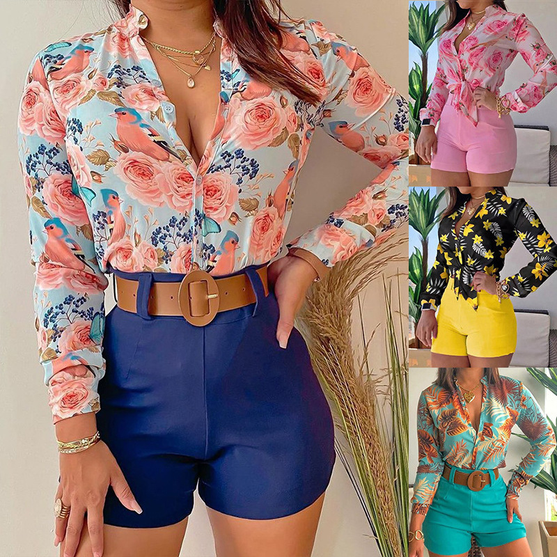 Conjunto de camisa de manga larga con estampado floral y pantalones cortos NSXPF103325