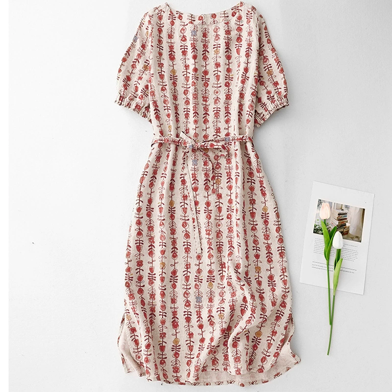2025 Новое художественное ретро-платье из льна с принтом, средней длины, клетчатое, для ленивой весны и лета, юбка средней длины