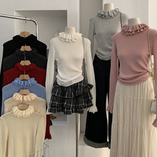 欧玛莱 花边领针织衫女木耳边半高领内搭打底衫甜美气质毛衣 5323