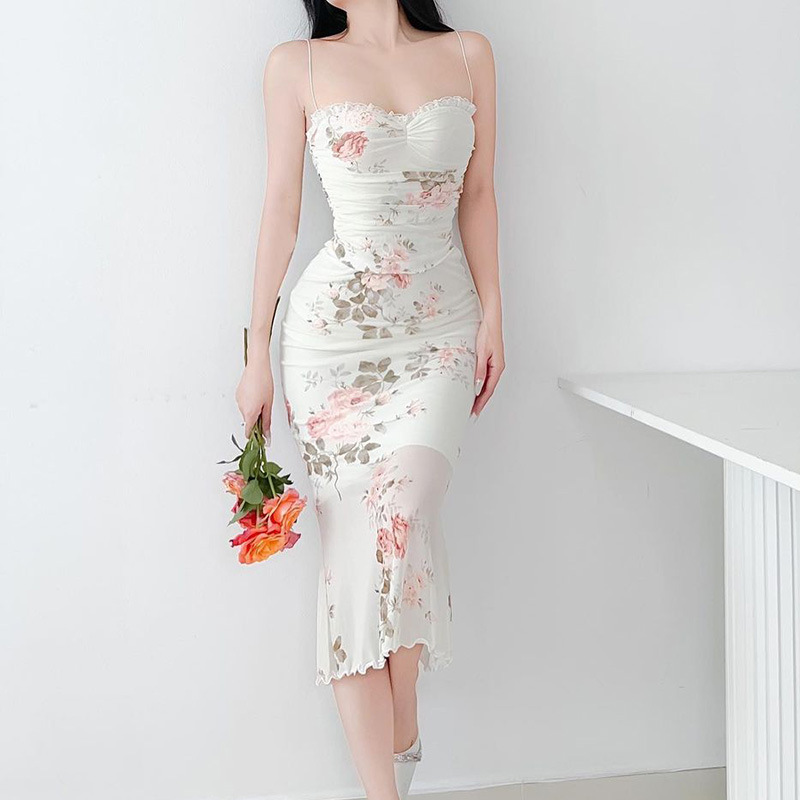 YJ23300 European And American Pure Desire Sexy Korean Style Mesh Print Backless Tight Strap Bodycon Long Dress For Women_ecoleips.com