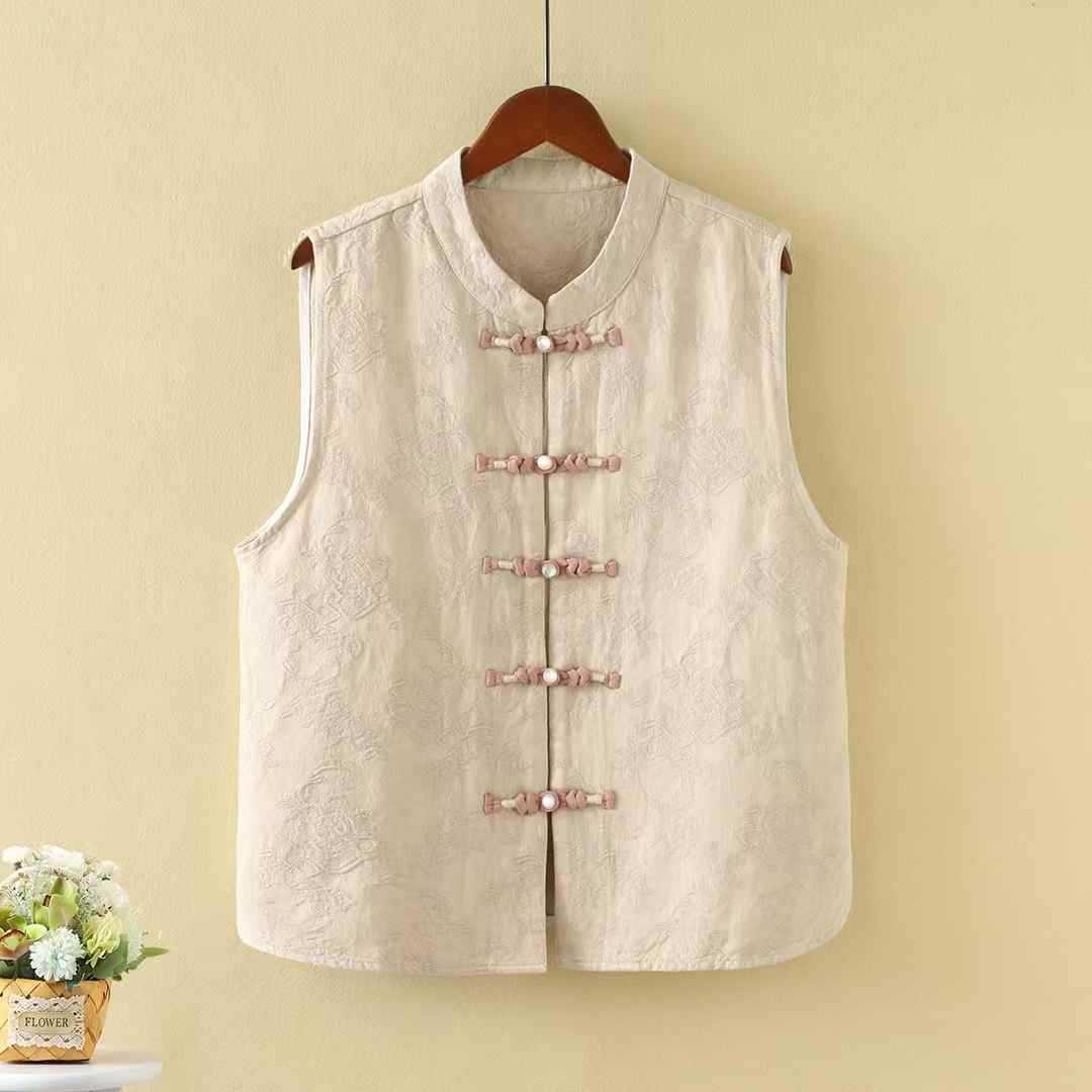 2025 Spring/Summer Solid Color Cotton Linen Jacquard Sleeveless Chinese Style Vest with Button Closure and Stand Collar, Loose Fit Artistic Women's Vest