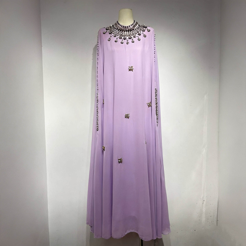 European and American style heavy beaded cape gown for women, chiffon long dress with wide sleeves for banquets and parties