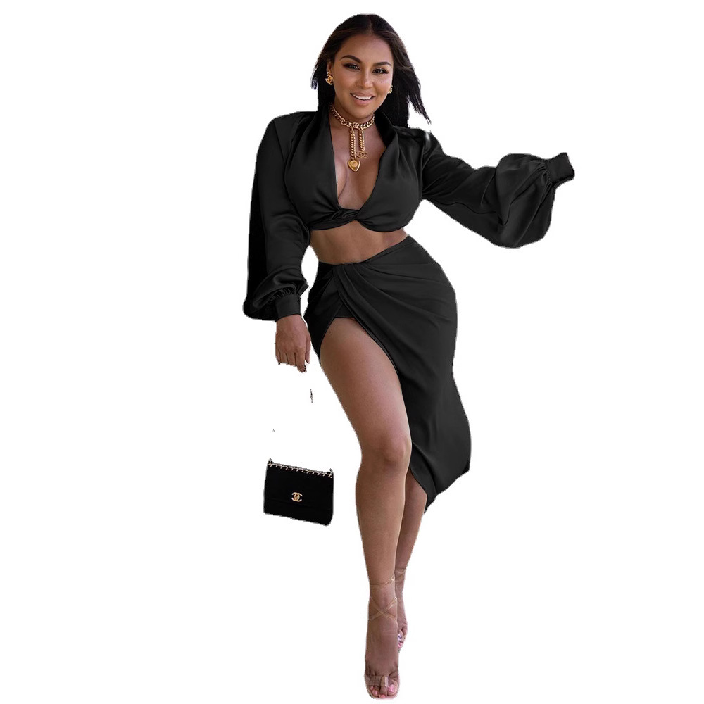 2021 New European and American Cross-border Autumn Amazon Women's Satin Long Sleeve Top Split Long Skirt Two-piece Suit Women