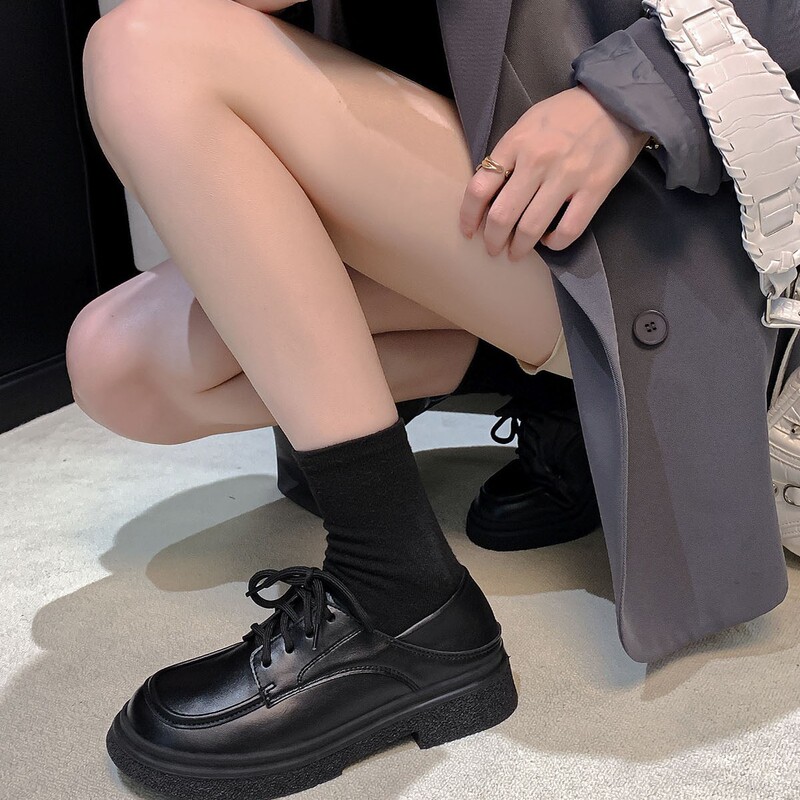 真皮英伦风小皮鞋女厚底日系jk制服学生乐福鞋粗跟单鞋女两穿系带|undefined