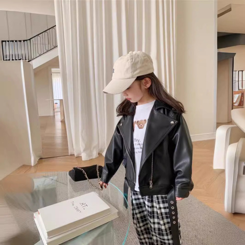 Korean Children's Jacket  Autumn New Fashion Boys and Girls Leather Biker Jacket with Collar Short Leather Jacket