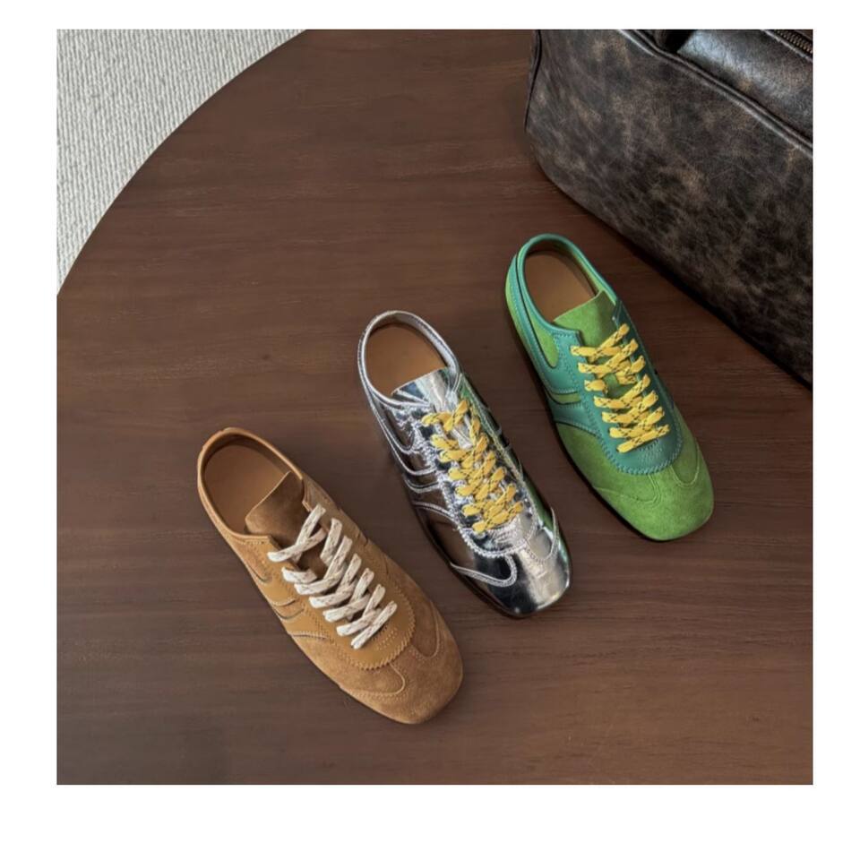 Giày sneaker nữ da thật cổ thấp dáng cổ điển buộc dây phối màu — Bạc, màu nâu, màu xanh lá cây, màu đỏ chi tiết 38